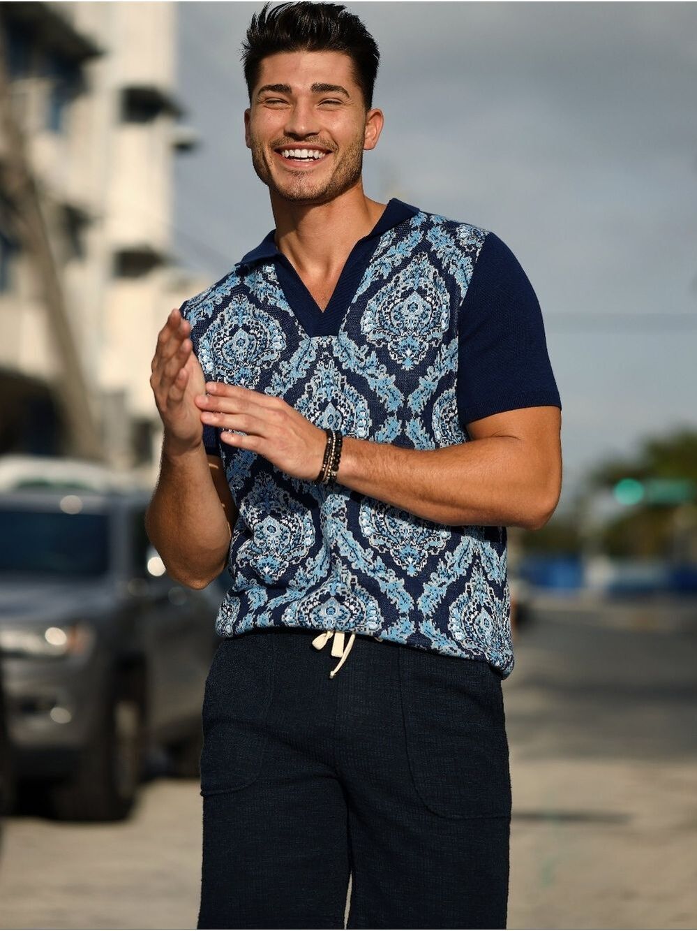 INC International Concepts 100% Cotton Paisley Knit Polo Shirt Blue Size L